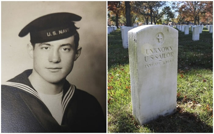 公墓内有墓碑刻有无名英雄水兵字样（图右）。左图是其中一名仍被列为失踪的水兵。