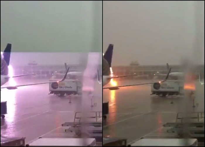 片段拍到闪电击中停机坪地面一刻。