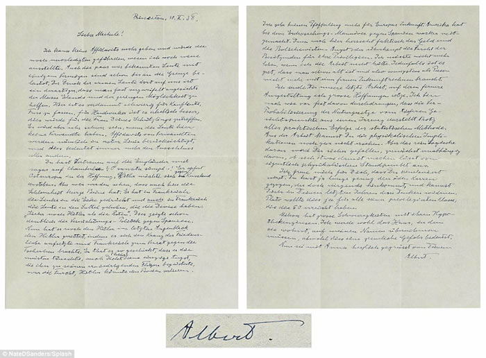 爱因斯坦亲笔信拍卖 内容曝光诉说二战前恐惧