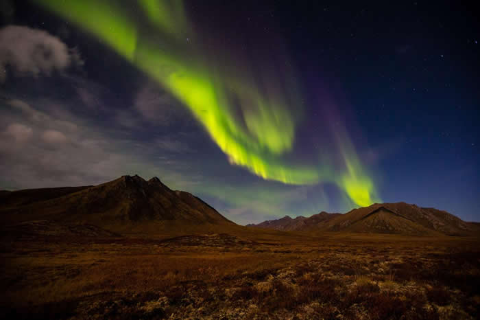 在加拿大育空（Yukon）地区，缕带状的极光萦绕在夜空之中。来自太阳的粒子沿着地球的磁力线往两极流动，因此在高纬度地区最容易看到极光。 PHOTOGRPAH B