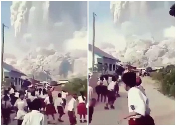 小学生目睹火山喷发后慌忙逃生。