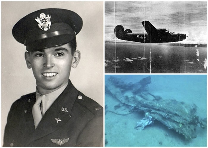 凯利及其所属的B-24轰炸机（左图及右图上），沉睡在大洋洲的海底中。