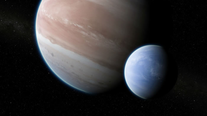 由画家构思的系外行星Kepler-1625b及其假想的大型卫星。这对星球的质量和半径比与地球-月亮系统的比例类似，但被放大了11倍。