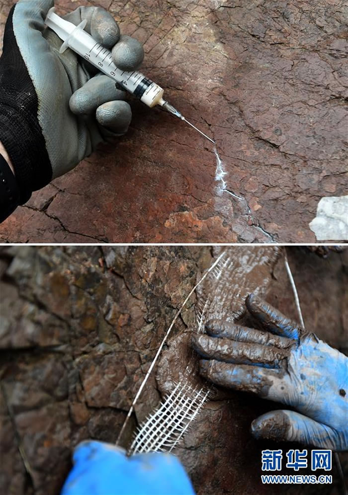 上图：保育团队工作人员用注射器将化学试剂注入岩石裂缝中，使其具备抗风化和防水能力；下图：保育团队工作人员为裂缝较大的岩层敷水泥，以防止存有恐龙足迹化石的岩层剥落