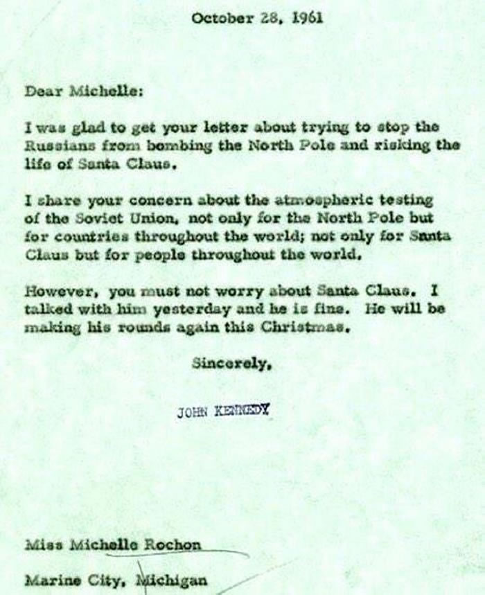 美国前总统肯尼迪给小女孩写信保证圣诞老人将经受得住苏联在北极进行的军事试验