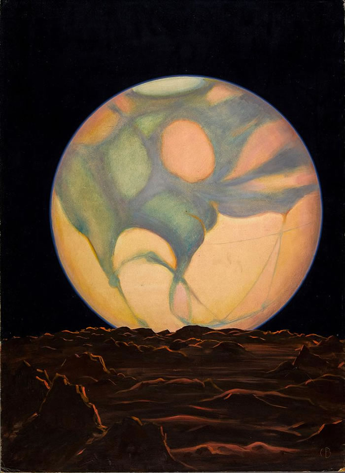 1939年这幅画的图说写道，「地球以外的唯一生命，或许就存在于火星的绿色地块上。 许多天文学家认为那是某种植被，因为它们会随着火星的季节更迭而出现或消失。 」几