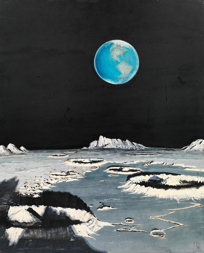 这幅绘于1939年、从月球看地球的画作，和几十年后由阿波罗号航天员所拍摄的实际照片比起来，相似度却高得惊人。 月球陨石坑凸起的边缘「理论上来说相当正确，」一位美