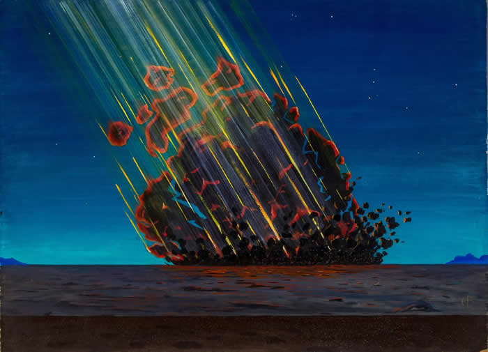 这幅画描绘的是艺术家想象中小行星或彗星撞进亚利桑那州、砸出著名陨石坑的景象。 猎户座高悬在右上角。 PAINTING BY CHARLES BITTINGER