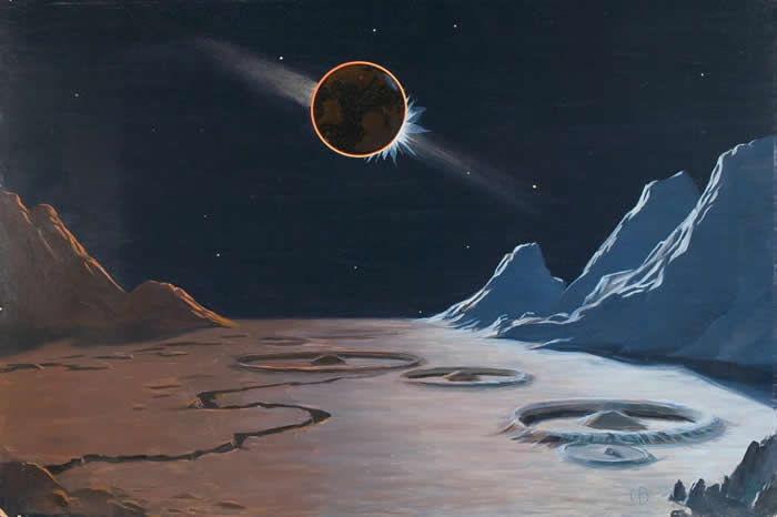 毕廷哲想象中从月球上看地球造成的日食的景象。 这幅景象中有会发光的云，代表的是黄道带的光，因飘浮在行星间平面上的微小粒子反射阳光所造成。 PAINTING BY