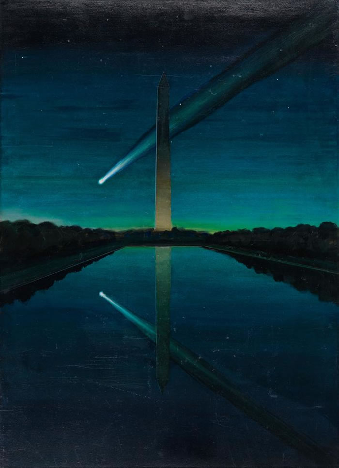 拥有壮观彗尾的彗星，彷佛在黎明时分划过了美国首府的华盛顿纪念碑（Washington Monument）。 PAINTING BY CHARLES BITTIN