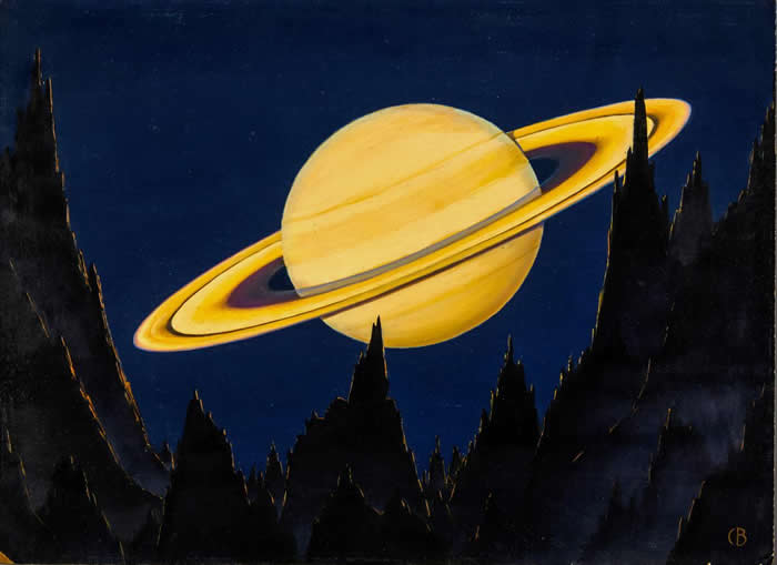 这幅画描绘的是从80万公里远处的小行星上远眺土星和经典土星环的景象。 毕廷哲的画作「展现出1900年代早期仅有少数艺术家才具备的想象力的跨越，创造出从另一个世界