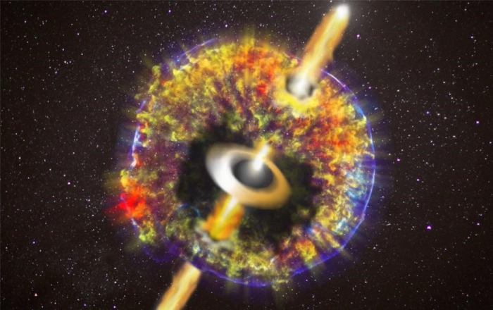 中子星并合遗迹—“黑洞（中子星）-吸积盘”系统产生的喷流冲破千新星壳层进入星际空间。致谢：NASA / CXC / GSFC / B.Williams等