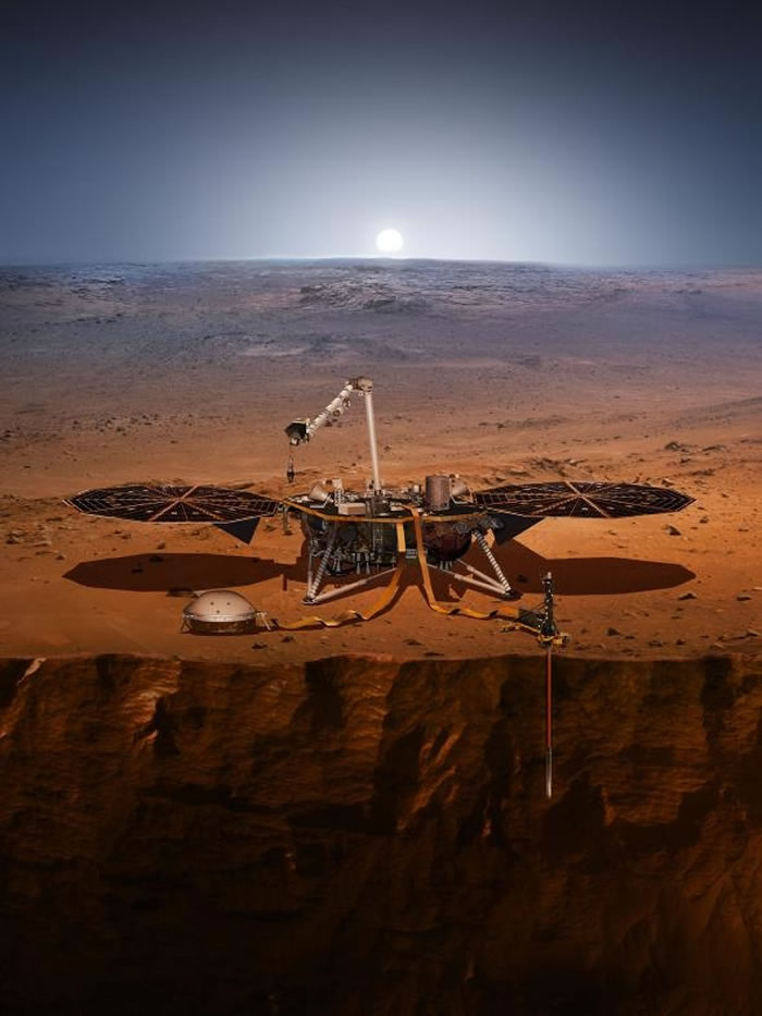 这张艺术家的想象图描绘了火星上的美国航天总署（NASA）洞察号登陆器。 NASA宣布登陆器可能已经侦测到这颗红色星球内部的震动──这也是人类有史以来第一次记录到