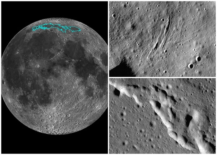 研究人员指“冷海”（左图蓝色部分）地壳上的瓣状陡坡（右上下图），反映月球在不断“缩水”。