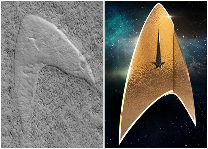 火星表面的箭嘴状物体（左图）酷似星际舰队的标志（右图）。