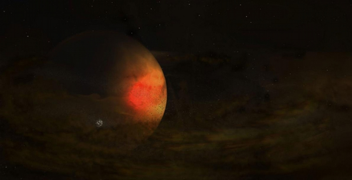 艺术家对PDS 70恒星系统的想象图。 环绕着巨行星的黯淡尘埃盘，可能会有颗新卫星正从此处诞生。 ILLUSTRATION BY S. DAGNELLO, NR