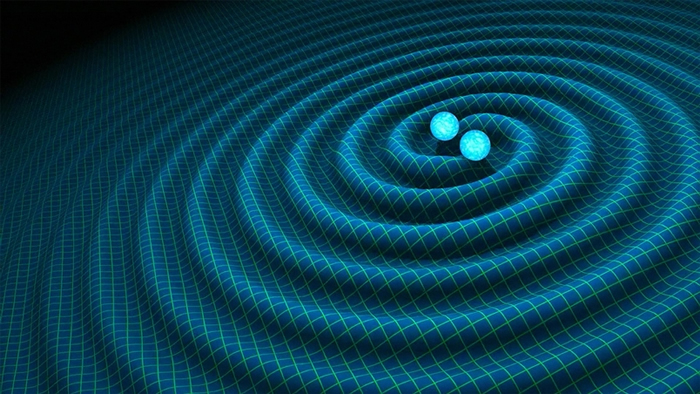重力波示意图。 当物体加速度前进时 (如两个超大质量星体互绕)，会使空间的扭曲发生变化、产生「涟漪」，这就是「重力波」。 图片来源│R. Hurt/Caltec