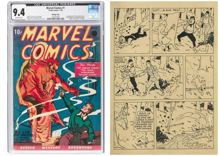 漫威首本漫画书（左）及《丁丁历险记》绘图（右）分别拍出。