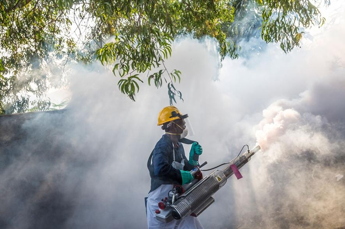 在刚果民主共和国的马塔迪（Matadi），一名男子正在喷洒药剂，以消灭携带黄热病毒的埃及斑蚊（Aedes mosquito）。 PHOTOGRAPH BY WI