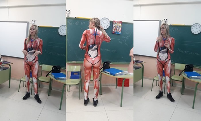 西班牙女老师薇罗妮卡（Veronica）穿上“人体器官紧身衣”为小学生实际说明人体构造