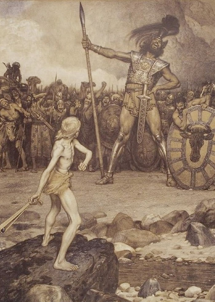 描绘大卫（左）与巨人歌利亚战斗的画作。