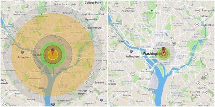 模拟显示W88（左图）及W76-2（右图）在美国首都华盛顿引爆的破坏力。