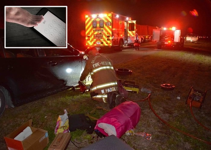美国南卡罗莱纳州柯勒顿县女子换车胎出意外双手被压 用脚趾拨电话报警