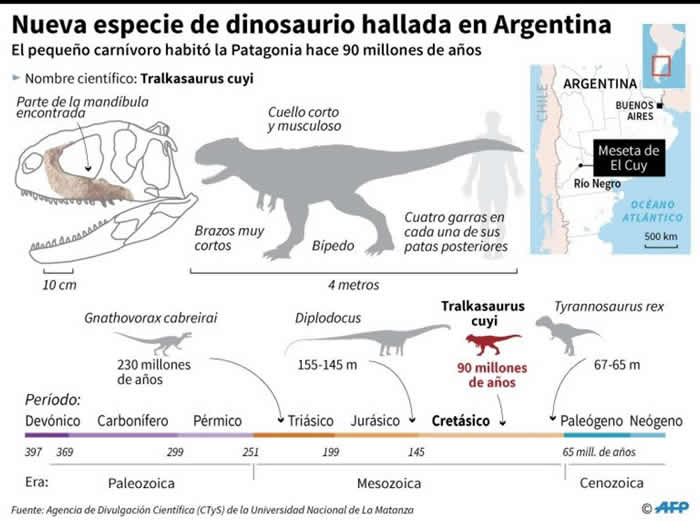 阿根廷巴塔哥尼亚发现9000万年前新食肉恐龙物种化石“Tralkasaurus cuyi”