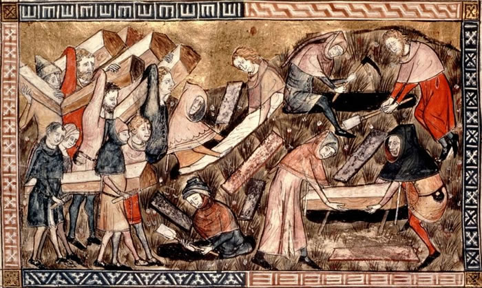 在这幅14世纪中叶描述欧洲疫病爆发的画作中，村民扛着瘟疫罹难者的棺材。 PHOTOGRAPH BY PHOTO12, UNIVERSAL IMAGES GROU