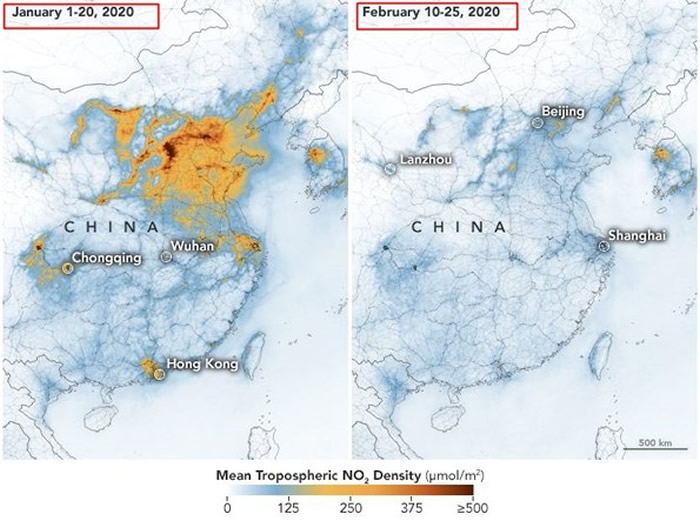NASA拍出两个月来的中国空气污染对比图