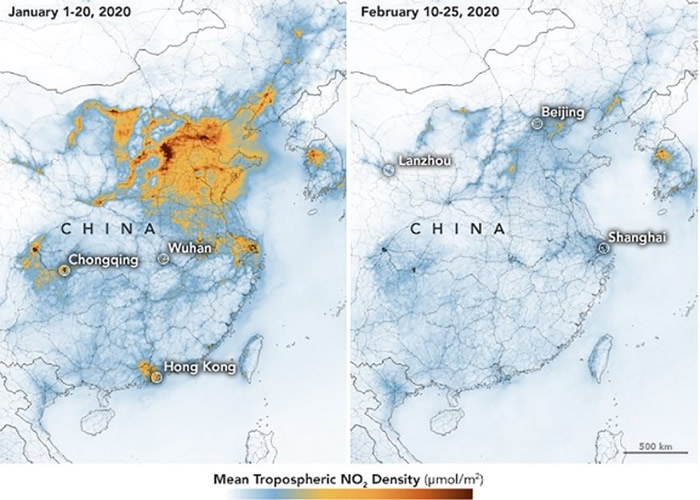 NASA引用卫星图像，反映中国地区的空气污染水平明显下降。