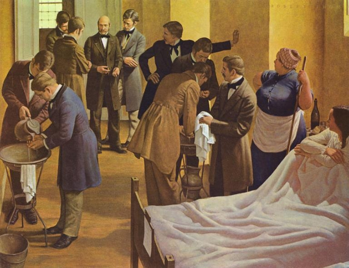 画家罗伯特． 托姆（Robert Thom）的作品，描绘塞默维斯（图中央）在奥地利的维也纳综合医院里监督医生，要求他们在为产科病人检查前先洗手。 PHOTOGR