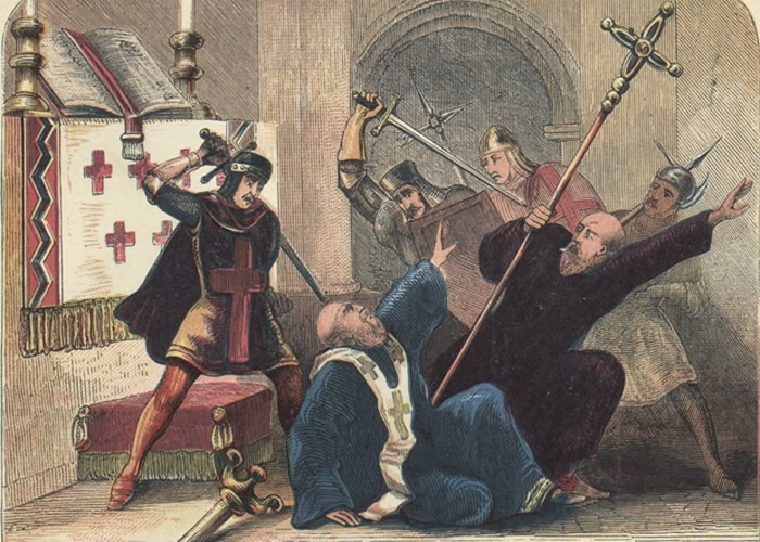 圣托马斯．贝克特（蓝衣者）被亨利二世麾下的骑士残杀；图为描绘当时情况的画像。（Getty Images图片）