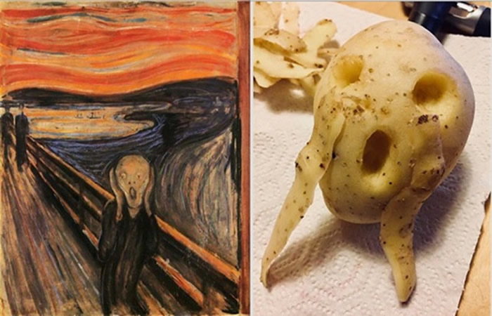 网民以去皮土豆（右图）还原挪威画家蒙克的著名作品《呐喊》（左图）。