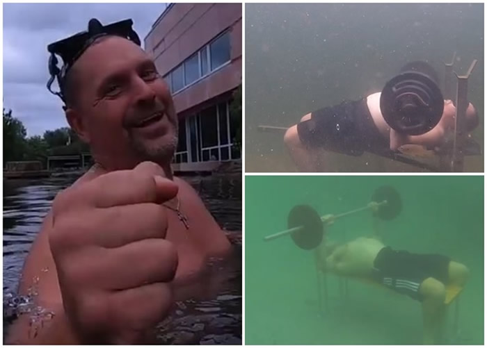 美国芝加哥男子在水底连续卧推举50公斤重杠铃62次 创健力士新世界纪录
