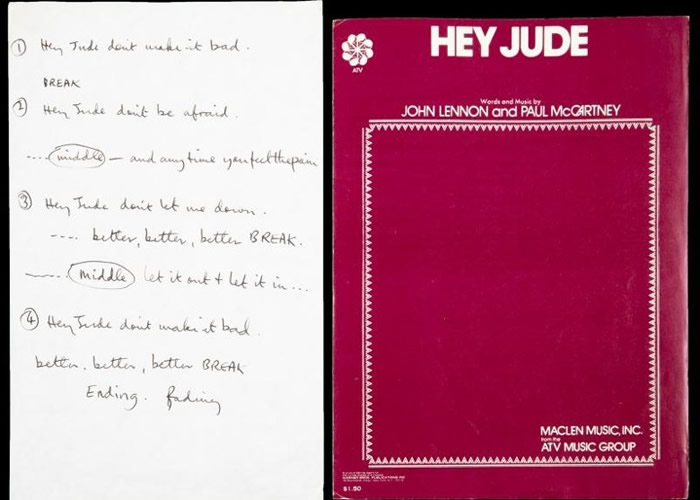 《Hey Jude》歌词手稿以高价成交。