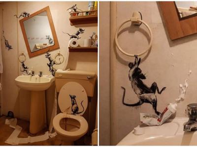 英国神秘涂鸦艺术家Banksy居家涂鸦 浴室变“老鼠乐园”