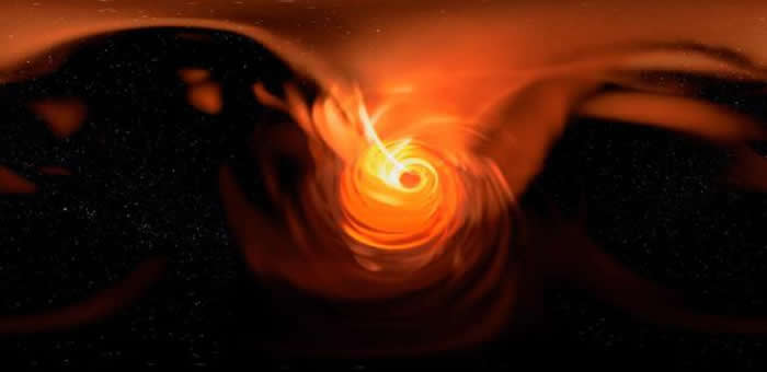 热气体落入银河系中心的超大质量黑洞人马座A*的场景（计算机模拟）