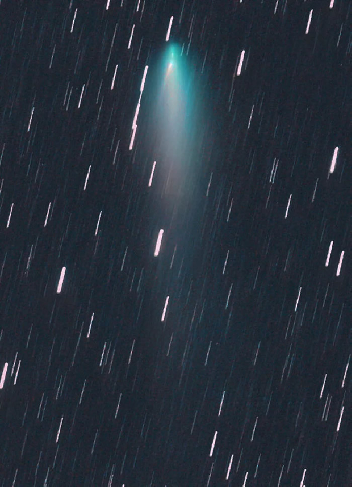 图片显示的是一颗白色小型彗星，其有自己独特的尾巴，位于主彗星较大的绿色彗发中。