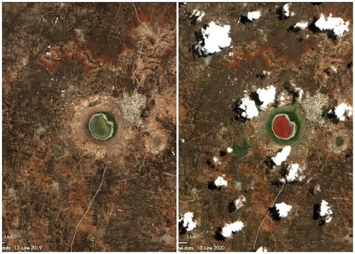 卫星图俯变色前（左图）及变色后（右图）的洛纳尔湖。