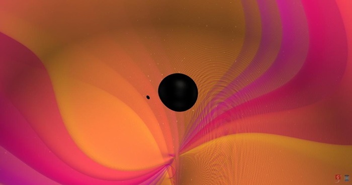 这张示意图显示出两个黑洞相互绕旋，在合并过程中释放出重力波，橘色色带表示从这个系统所释放出的最高辐射量。 雷射干涉仪重力波观测站（Laser Interfero