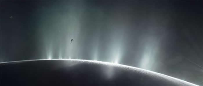 这张可视化图像呈现2015年10月美国宇航局“卡西尼号”飞船穿越土卫二表面喷射的羽流。
