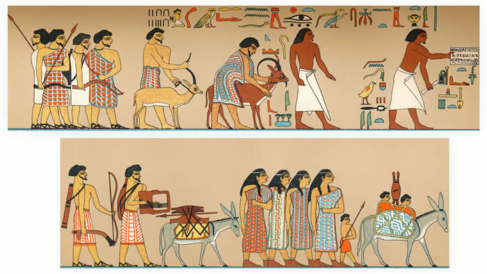 古埃及壁画上，希克索斯人穿着色彩鲜艳的衣服，而埃及人通常穿白色的衣服。图片来源：FALKENSTEINFOTO/ALAMY STOCK PHOTO