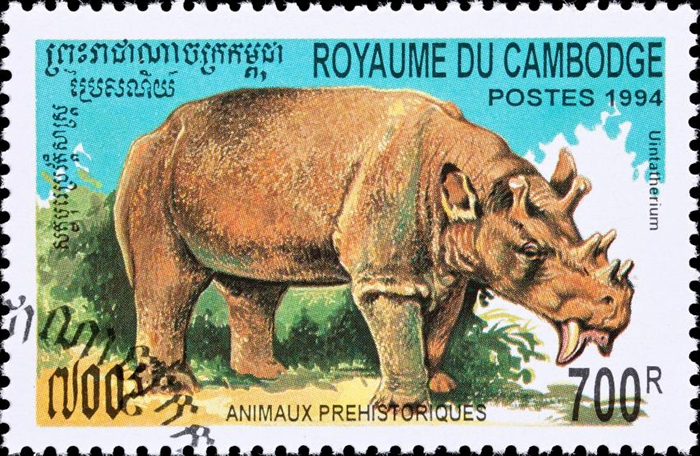 这张柬埔寨邮票上描绘着已灭绝的哺乳动物犹因他兽（Uintatherium），这种5600万年前的动物神似有着六根粗短的角与长长利齿的犀牛。 PHOTOGRAPH