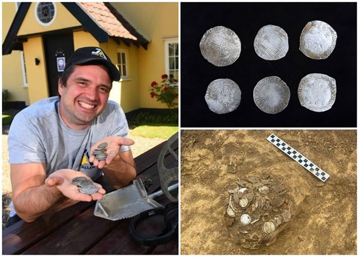 英国萨福克郡一名爱用金属探测器寻宝的男子到酒吧消遣发现价值10万英镑古银币