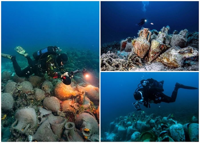 希腊2500年历史古沉船遗址水底博物馆在爱琴海佩里斯特拉岛海底剪彩开幕