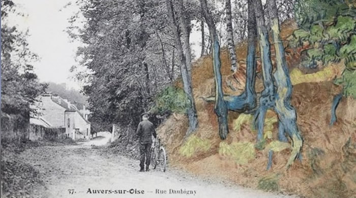 明信片可见，一名男子站在自行车旁，山坡上的树根盘根交错。