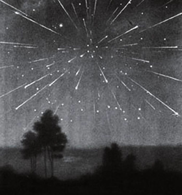1933年10月9日的天龙座流星雨在整个欧洲都可见到。这幅画出现在1959年的《拉鲁斯天文学百科全书》中。