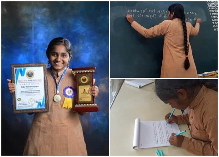 印度门格洛尔16岁女生Aadi Swaroopa拥有同时双手写字的特殊技能