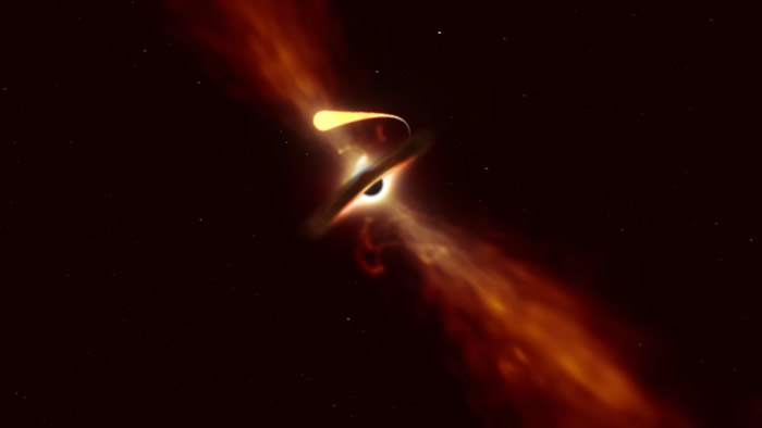 过于接近黑洞的星体将被「吸进去」，强大引力拉扯过程称为「面条化」，科学家首次公开影像。（图／翻摄自YouTube「European Southern Obser